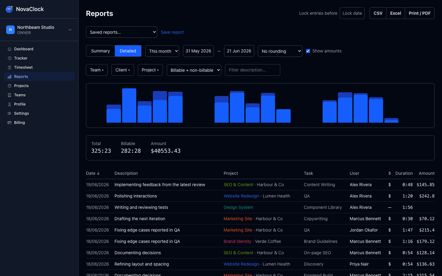 Accounting & professional services report in NovaClock